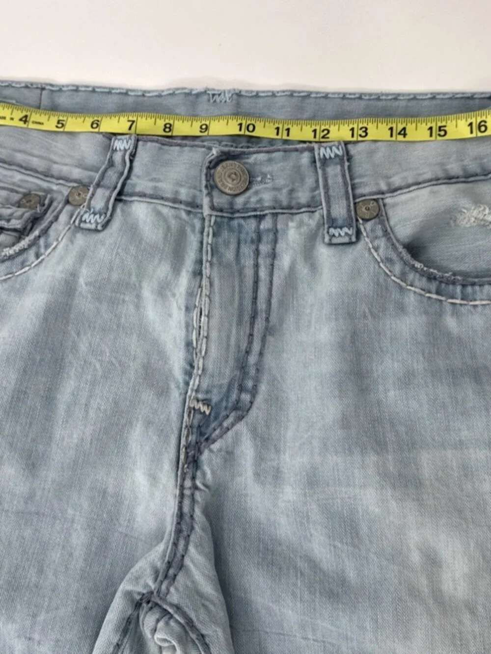 True Religion Jeans Mens 38x34 Ricky W Flap Relaxed Distressed Light Blue Holes